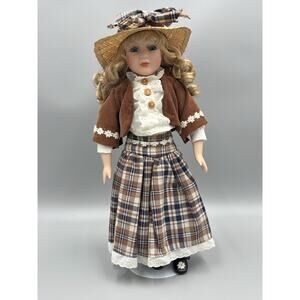 Vintage Wimbledon Collection Porcelain Doll Blonde Dress Blue Eyes Hat Curls